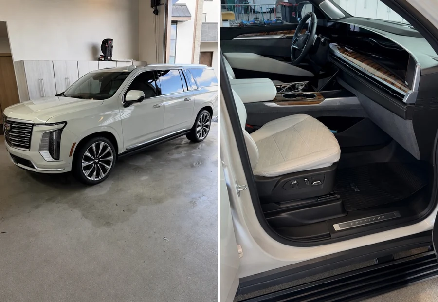 Detailed white Cadillac Escalade exterior and clean luxury interior by Echelon